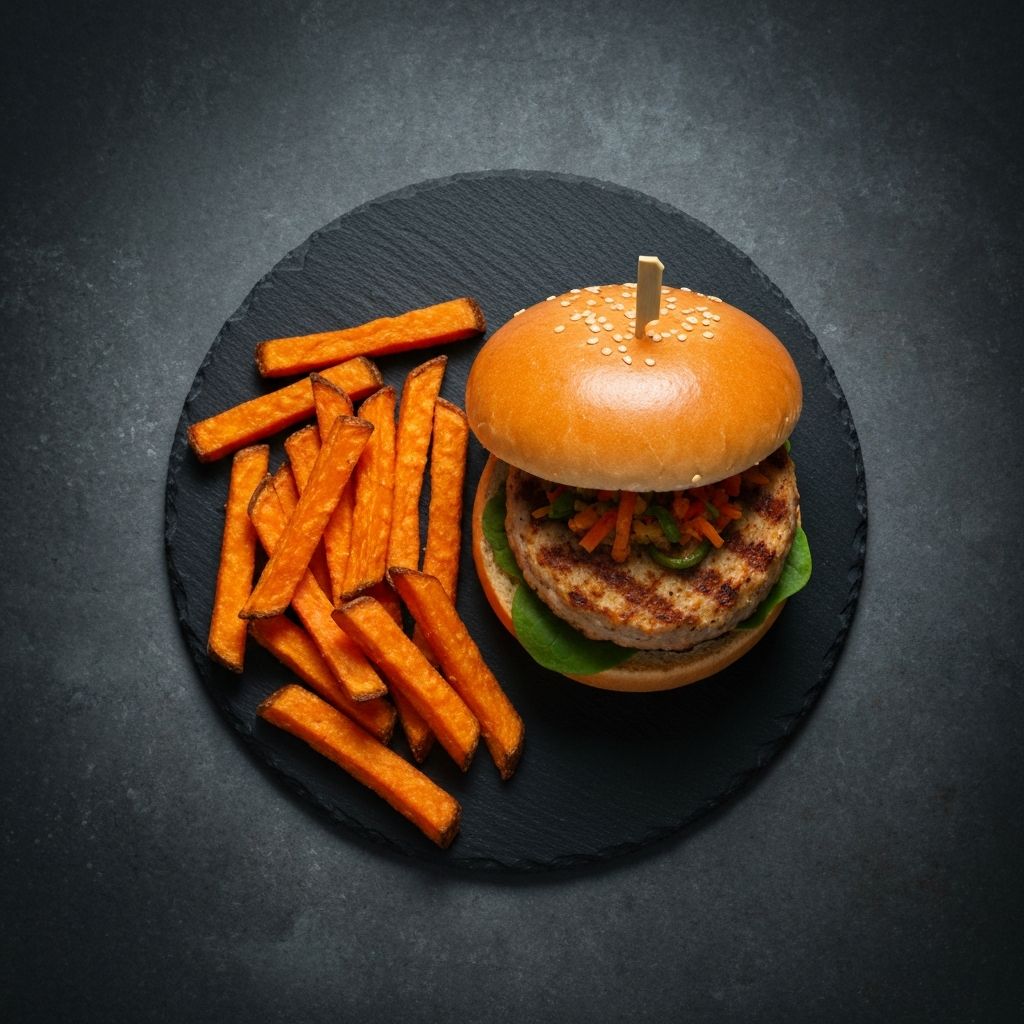 Kycklingburgare med sötpotatispommes